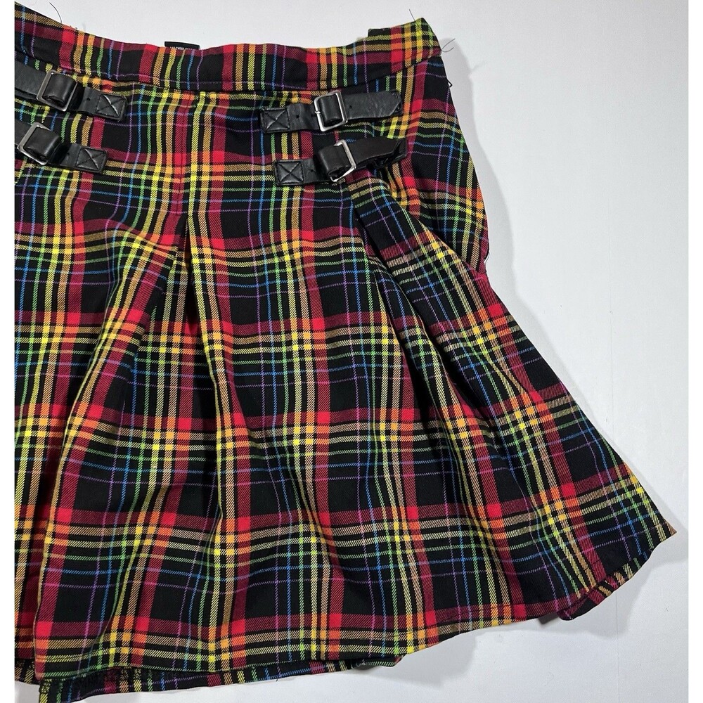 Hot Topic Rainbow Plaid Double Buckle Pleated Skirt Goth Punk Medium - Picture 3 of 7